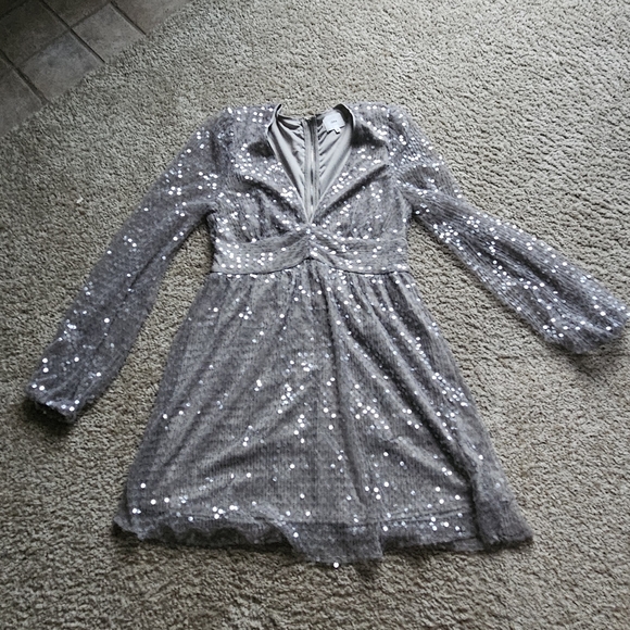 Lena Silver Sequin Long Sleeve Cocktail Dress - Picture 3 of 3